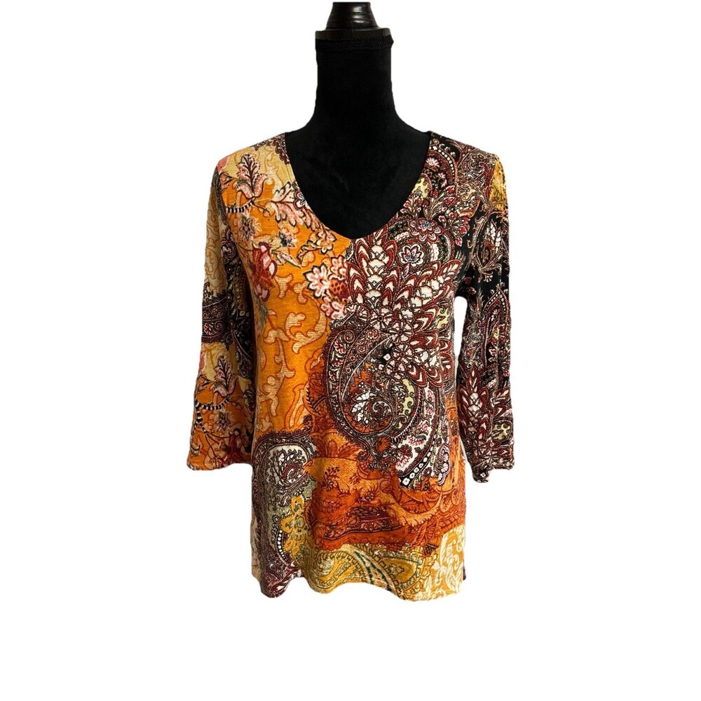 Chicos Size 0 Womens Size S Top Multicolor Floral Boho Artsy V-Neck 3/4 Sleeve